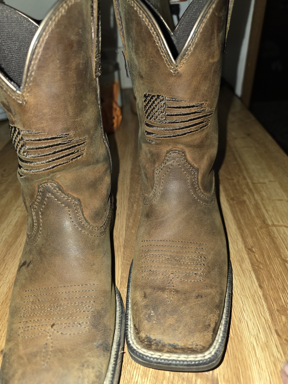 Ariat Brown Leather Kids Western Boots with Flag Stitch
